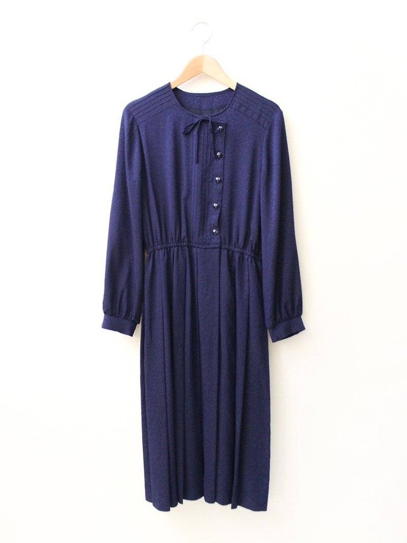 日本製復古深藍色圓點點印花長袖古著洋裝 Japanese Vintage Dress - 洋裝/連身裙 - 聚酯纖維 藍色