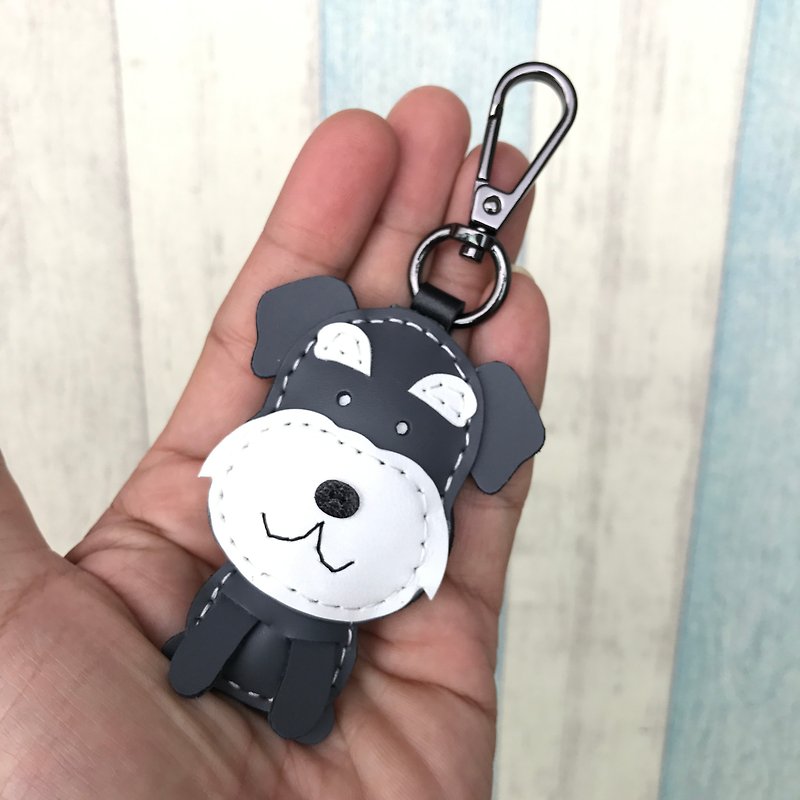 Healing small things dark gray/white cute Schnauzer hand-stitched keychain small size - Keychains - Genuine Leather Gray