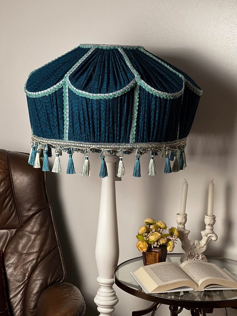 Victorian lampshade guipure blue turquoise with fringe of tassels - Lighting - Other Materials Blue