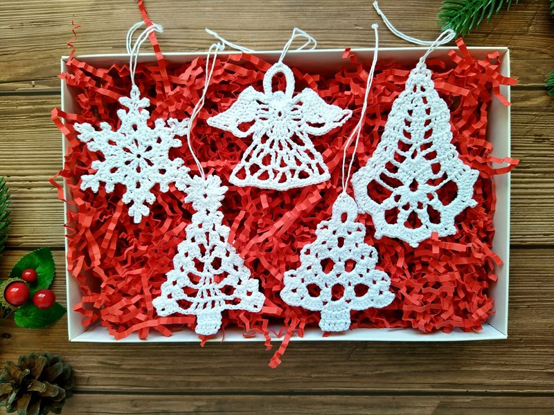 White Christmas ornaments set Christmas tree decorations Handmade Christmas gift - Items for Display - Cotton & Hemp White