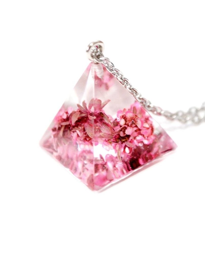 Pink Dried Flower Necklace / Pyramid Triangle pendant / Flower In Ice Series - Necklaces - Plants & Flowers Pink