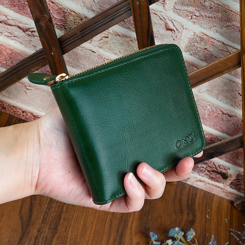 Italian Vegetable Tanned Leather 8 Cards 1 Photo Leather Zipper Short Clip 95162 (Green) - Wallets - Genuine Leather Green