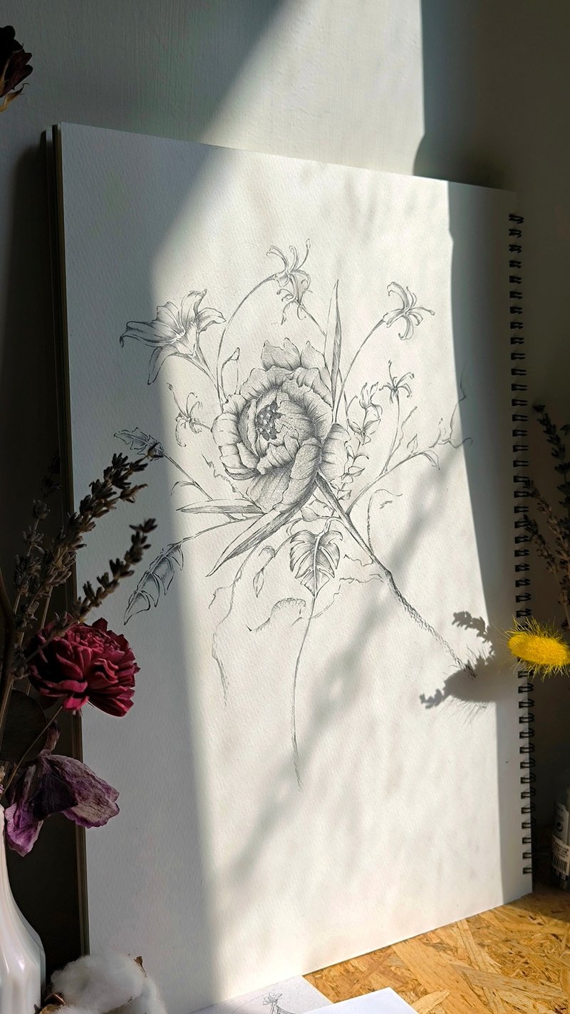 [Bravely Blooming] Hand-drawn Sketch Original_Art Painting - Wall Décor - Paper Gray