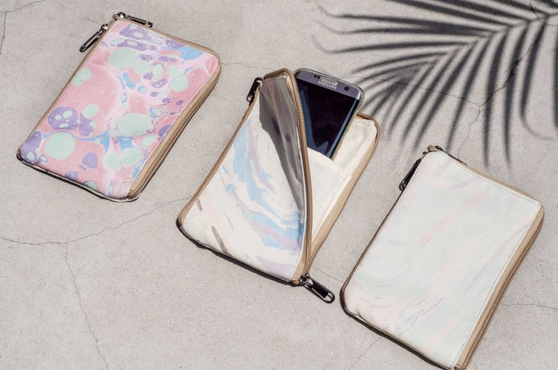 Valentine's day marble pattern mobile phone case storage bag mobile phone bag leisure card case-ocean watercolor romantic color - เคส/ซองมือถือ - ผ้าฝ้าย/ผ้าลินิน หลากหลายสี