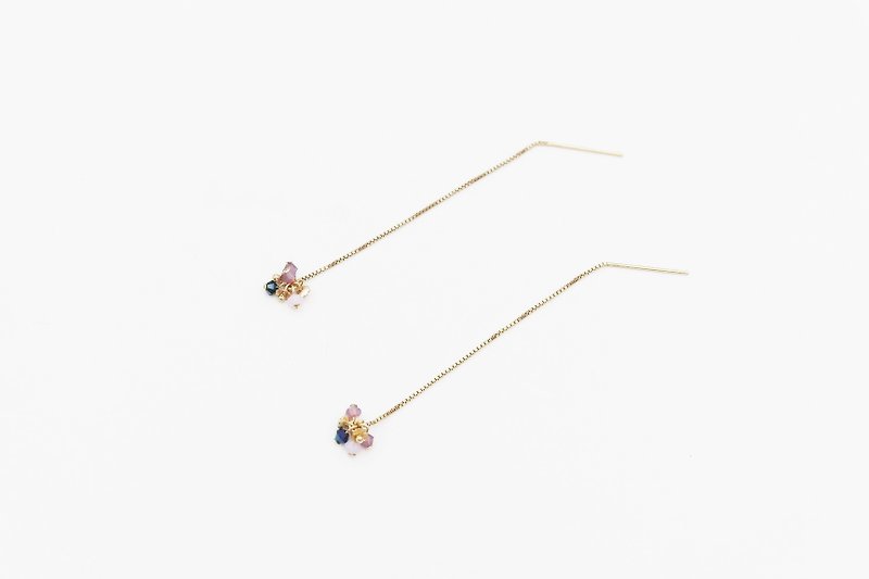 "Little Florist series" American 14K gold (14KGF) blue-violet hydrangea bouquet mini ear chain earrings ear acupuncture - Earrings & Clip-ons - Gemstone 