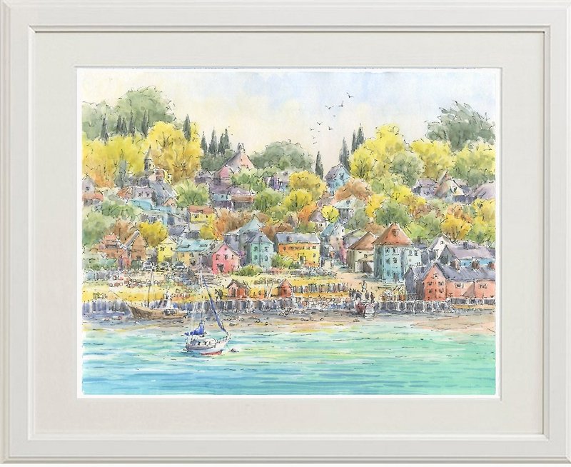 Watercolor picture original picture Autumn color port town - โปสเตอร์ - กระดาษ สีเหลือง