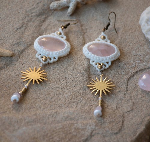 SARINAS white boho sun earrings, rose quartz drop earrings, bohemian chakra jewelry