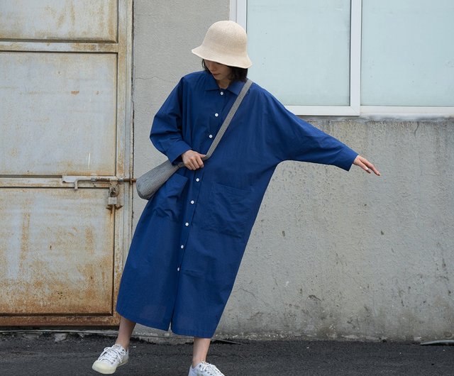 Japanese soft washed indigo cotton lapel one piece sleeve shirt dress sunscreen shirt summer dress Shop WHEATWHEAT One Piece Dresses Pinkoi