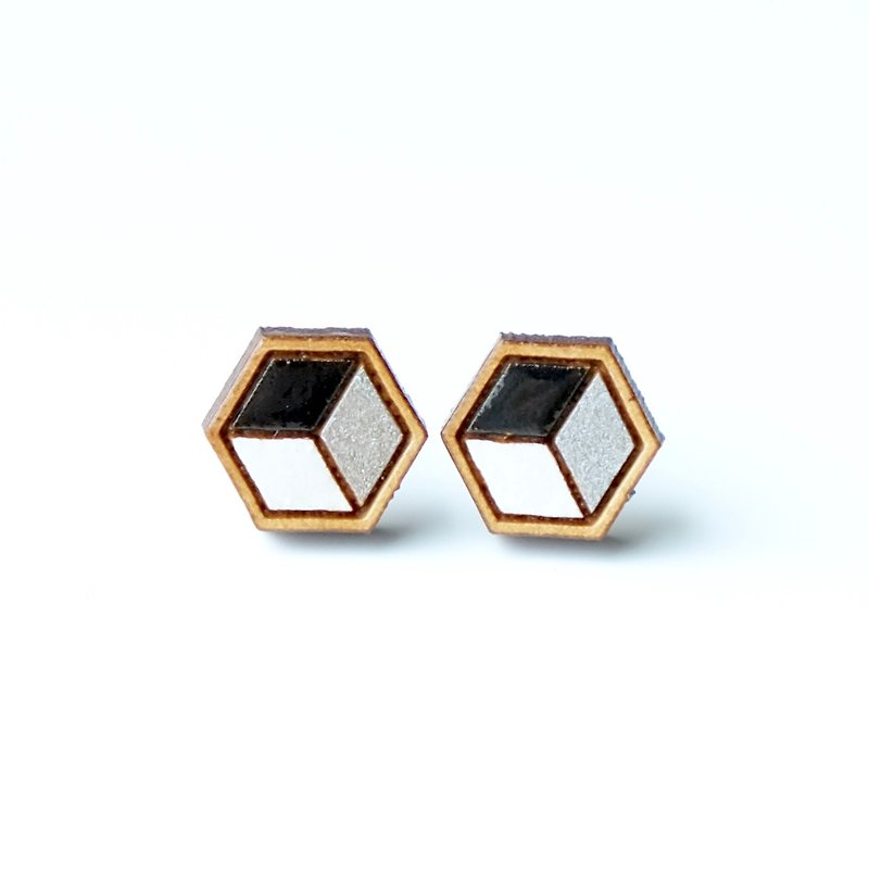 Painted wood earrings-Geometric cube (black) - ต่างหู - ไม้ สีดำ