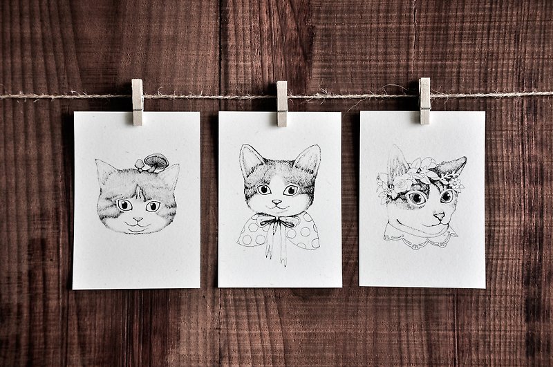 貓肖像系列卡片－香菇貓 / 圓點點披風貓貓 / 花圈貓 / 明信片 - 心意卡/卡片 - 紙 白色