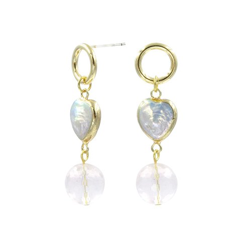 Cheng Jewelry 聖城 - 金色步道-金邊愛心珍珠粉晶耳環 18K鍍金