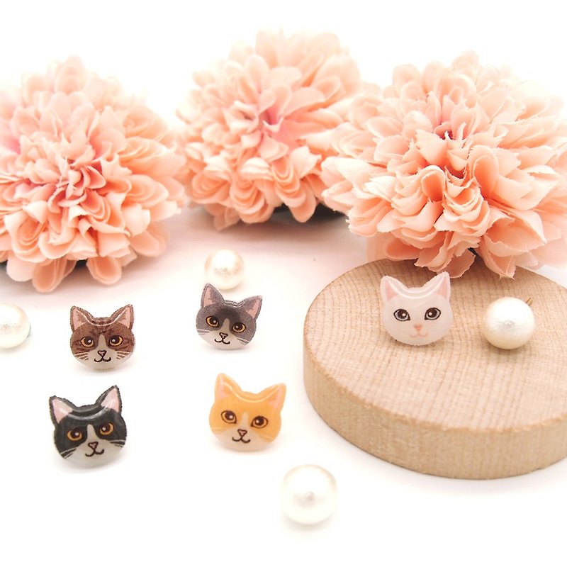 Meow handmade cat and cotton pearl earrings - Earrings & Clip-ons - Plastic White