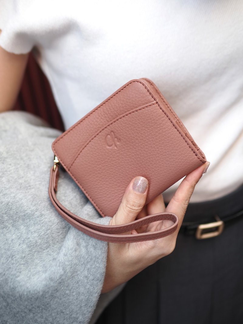 Anna (Tea rose): Mini / short wallet, cow leather, Bifold Zipper, Nude-pink - 皮夾/長短夾/錢包 - 真皮 粉紅色