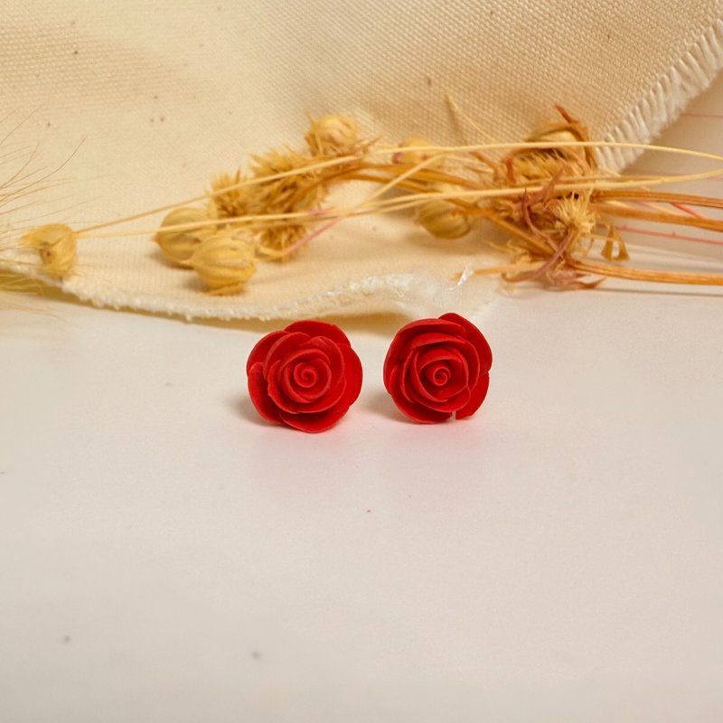 red rose earrings - Earrings & Clip-ons - Clay Red