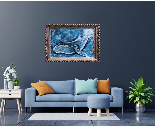 クジラの絵画 魚 オリジナルアート 水中壁アート 海事アート