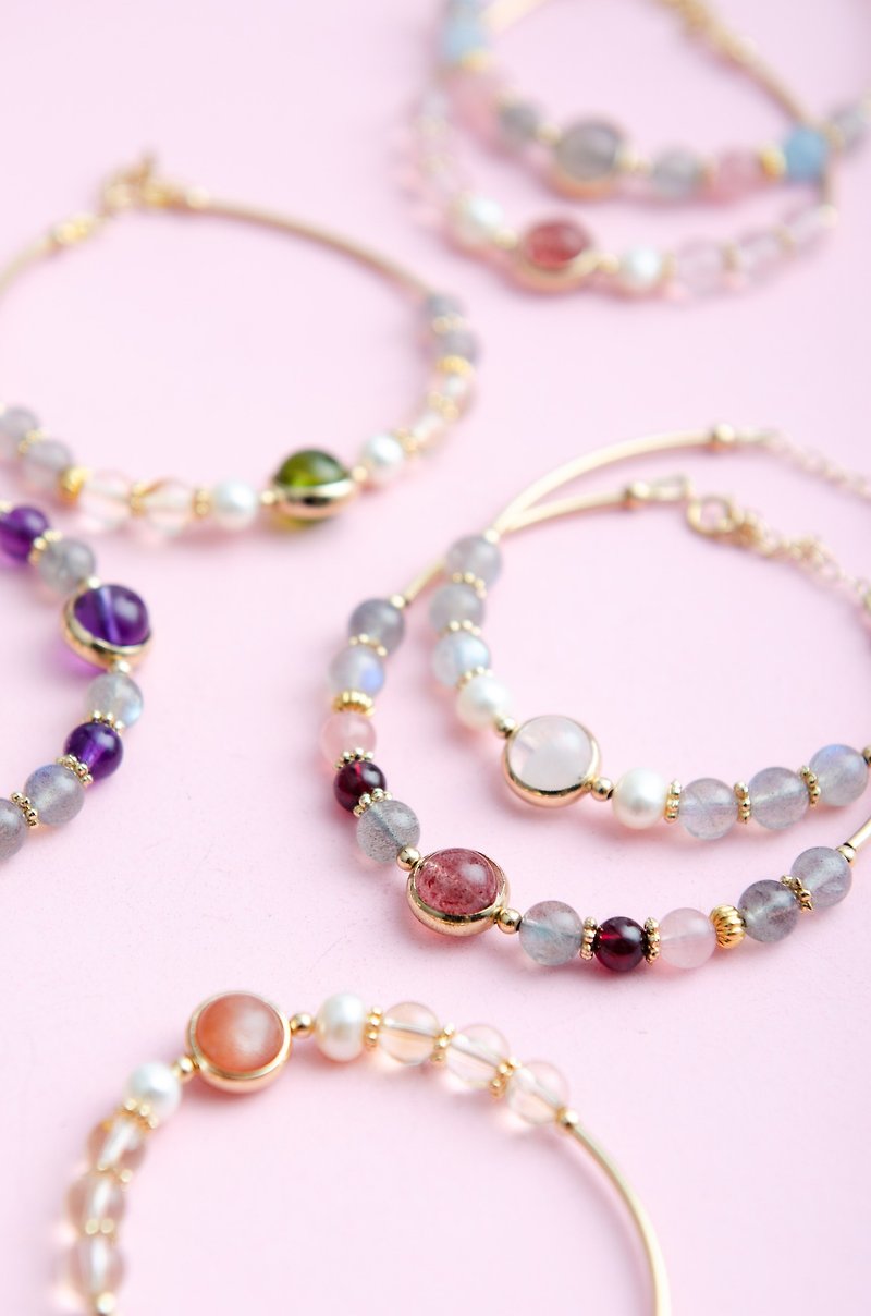 Rose Quartz, Pearl, Clear Quartz, 14K Gold Filled Natural Crystal Bracelet - สร้อยข้อมือ - คริสตัล สึชมพู
