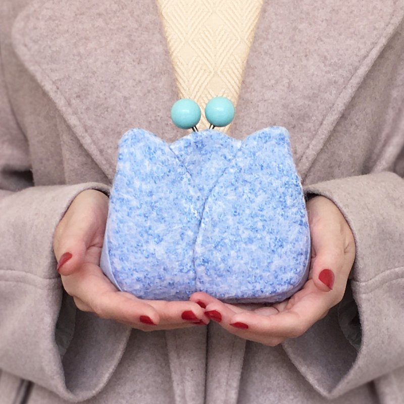 鬱金香短夾 錢包 皮夾 小廢包 零錢包 口金包 銀包 寶寶藍 - 錢包/皮夾/長短夾 - 羊毛 藍色