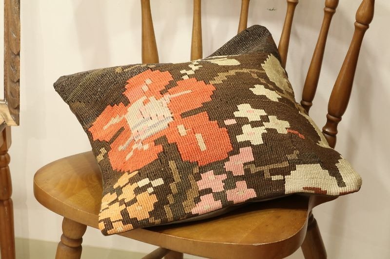 SALE Handwoven Kilim Cushion Cover 40 × 40cm NO882 - Pillows & Cushions - Other Materials Black