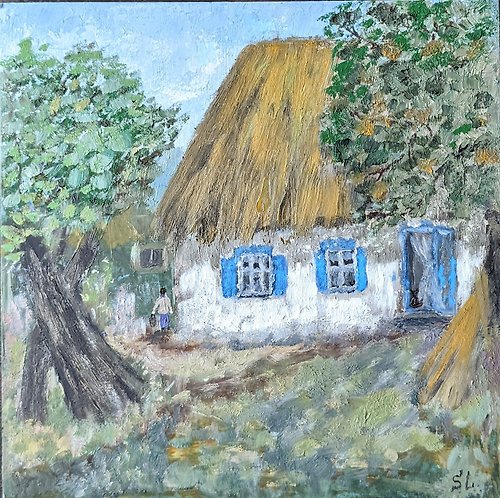 Artsli Oil Painting Ancient House Original Art Thatched Roof Wall Art Village House