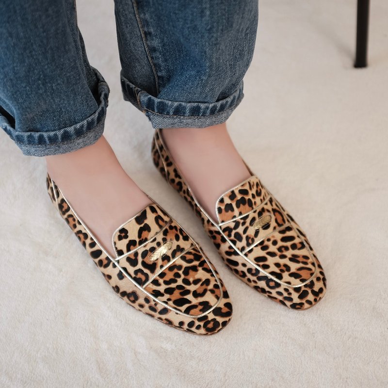 Lucky Lucky Shoes! Gold piping feather loafers leopard print full leather MIT-leopard print color (horse hair) - Women's Oxford Shoes - Genuine Leather Multicolor