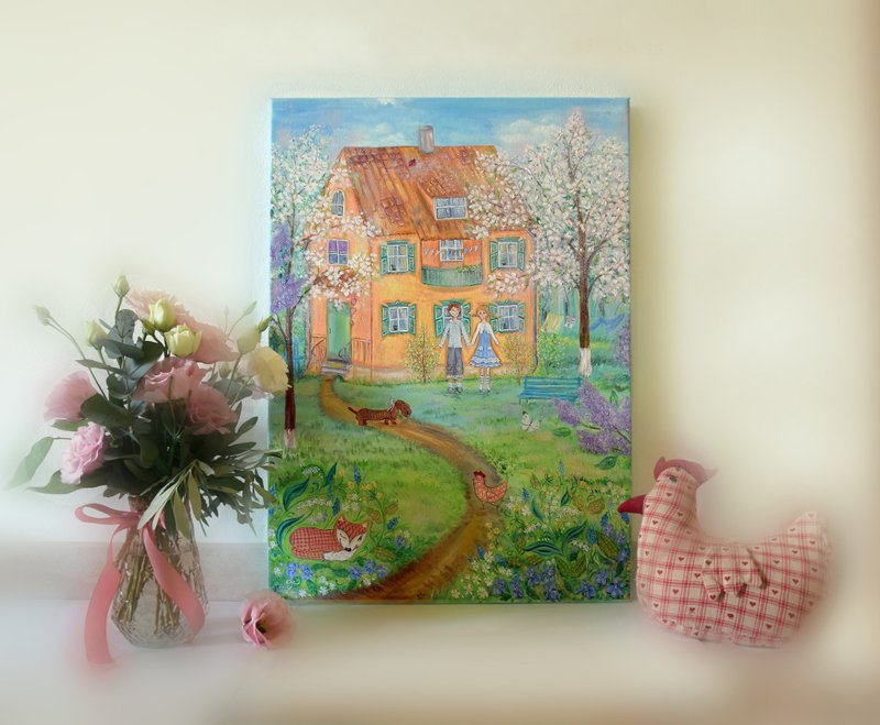 OIL PAINTING ORIGINAL 油畫 landscape painting on canvas Country house - ตกแต่งผนัง - วัสดุอื่นๆ หลากหลายสี