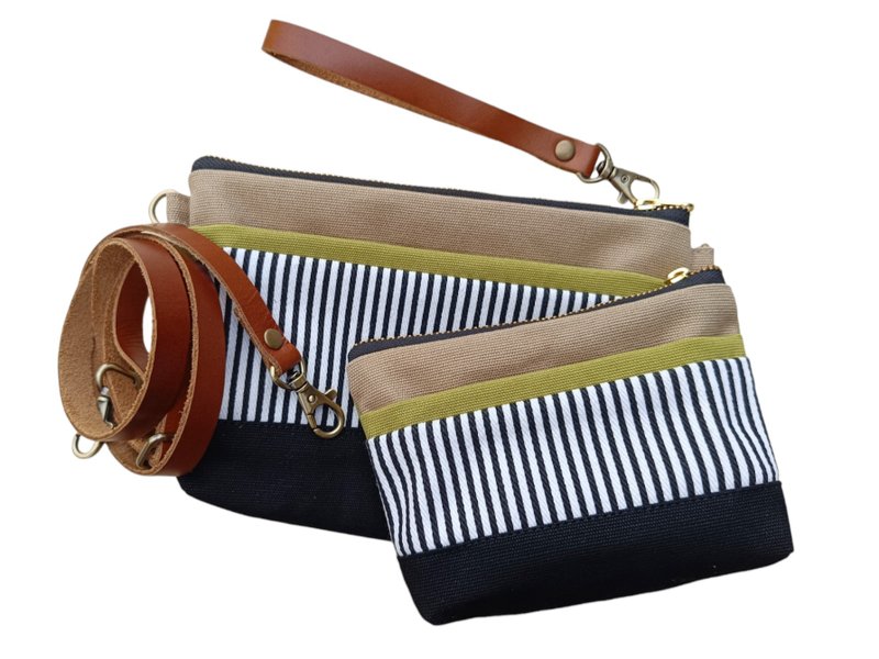 手拿包 Lovely Canvas Pouch and Crossbody, Set of 2 size, Striped Design 化妝包 /收納袋 - กระเป๋าสตางค์ - ผ้าฝ้าย/ผ้าลินิน สีกากี