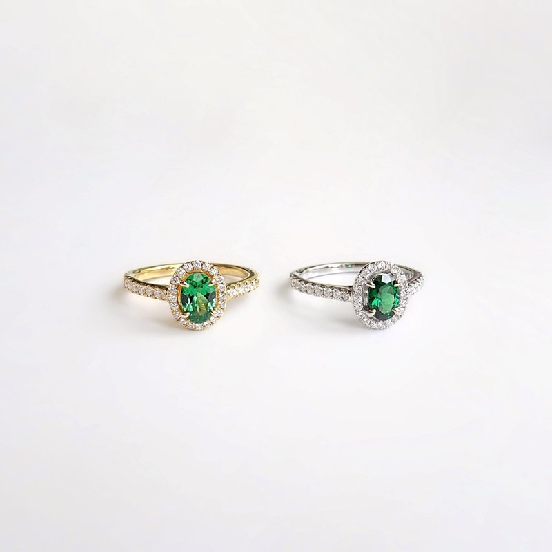 Tsavorite Emerald-Green Diamond Halo 18K Solid White, Yellow Gold Ring JSR20 - แหวนทั่วไป - เครื่องเพชรพลอย สีเขียว