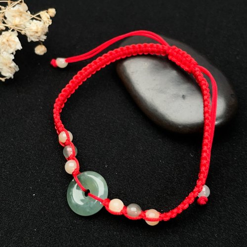 瓔珞珠寶盒 E.L.Jewelry Box 【願‧平安】綠飄花翡翠平安扣編織手鍊 |天然緬甸玉翡翠A貨|送禮