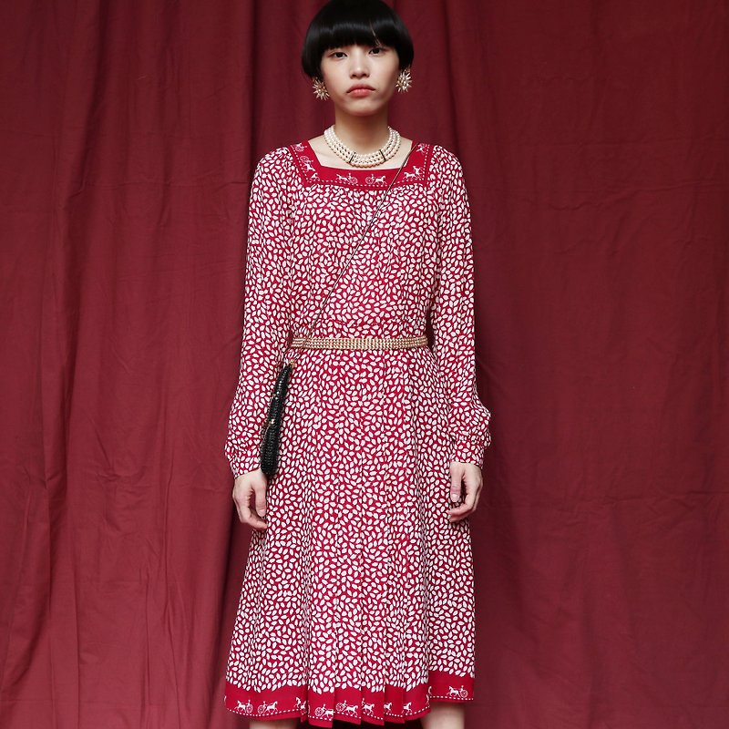 南瓜Vintage。古著印花雪紡洋裝 - 連身裙 - 其他材質 紅色