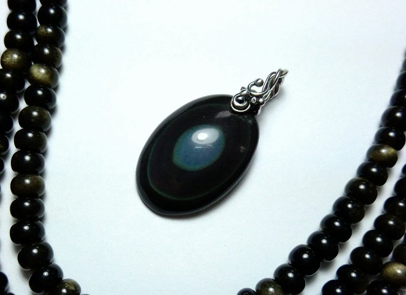Rainbow Obsidian Silver Collar Pendant - สร้อยคอ - เครื่องเพชรพลอย สีดำ