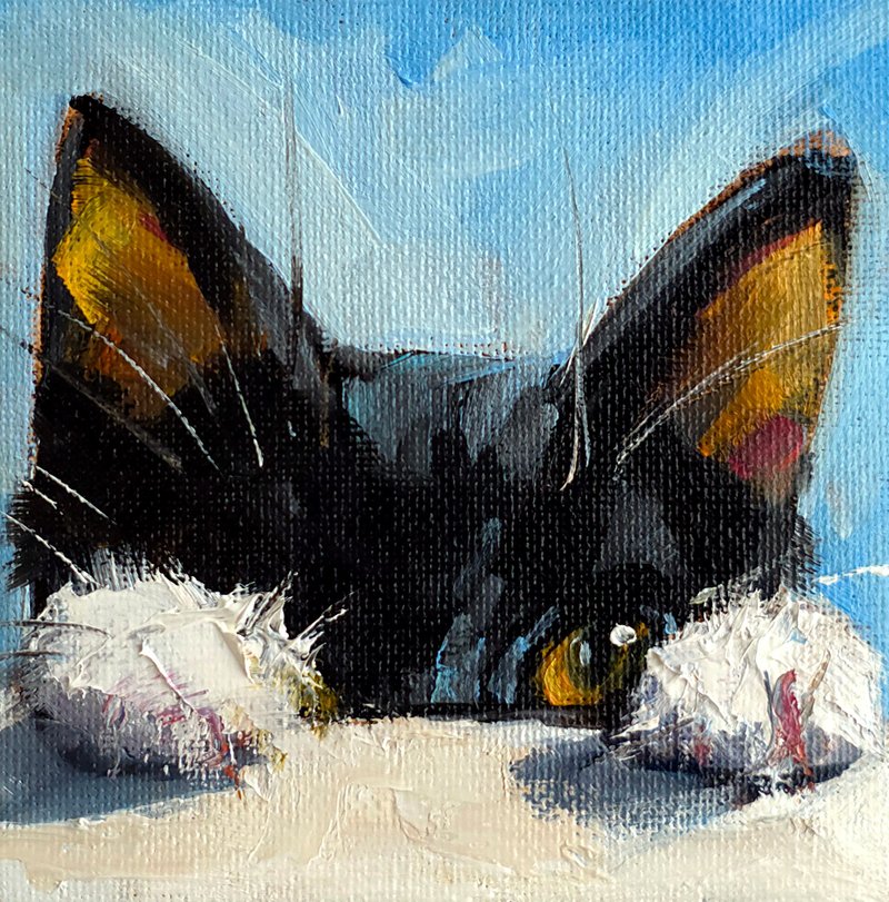 Black White Cat Art Original Pet Oil Portrait Cute Animal Art Lovers Gift - 海報/掛畫/掛布 - 其他材質 多色