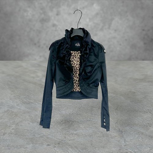 蘿綺莉蕾芭索 黑色 類緞面 拼接 荷葉領 鐵絲調整 單釦 輕薄 外套 PF509