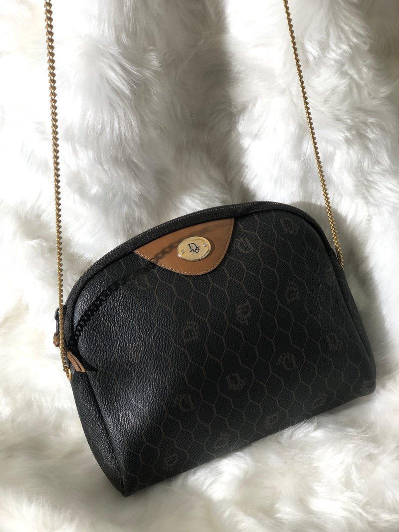 【 日本直送　名牌中古包 】Christian Dior Diorボタン チェーン ミニバッグ ショルダーバッグ ブラックブラウン vintage bd8aen - 側背包/斜背包 - 真皮 黑色