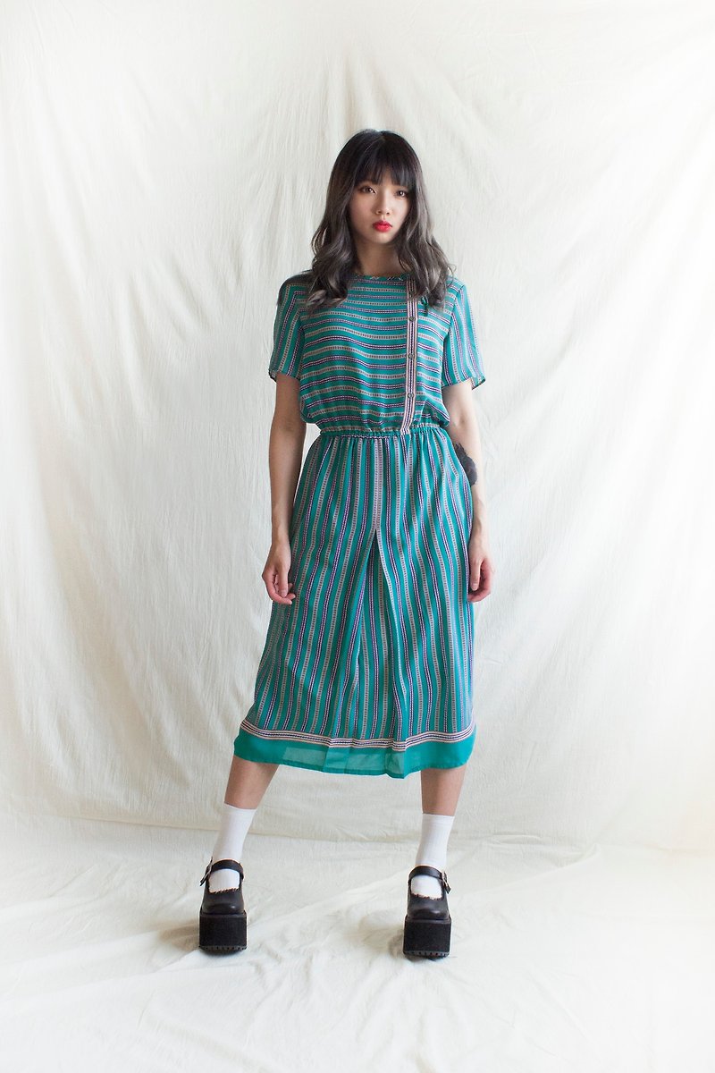 藍綠色線條短袖洋裝 - 連身裙 - 聚酯纖維 