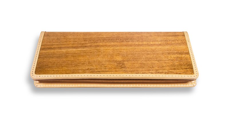 []チーク材の木の革長いクリップ - 財布 - 木製 オレンジ