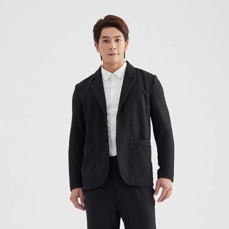 立體條紋男士西裝外套 (THot 發熱保暖)-黑 - 男西裝外套 - 聚酯纖維 黑色