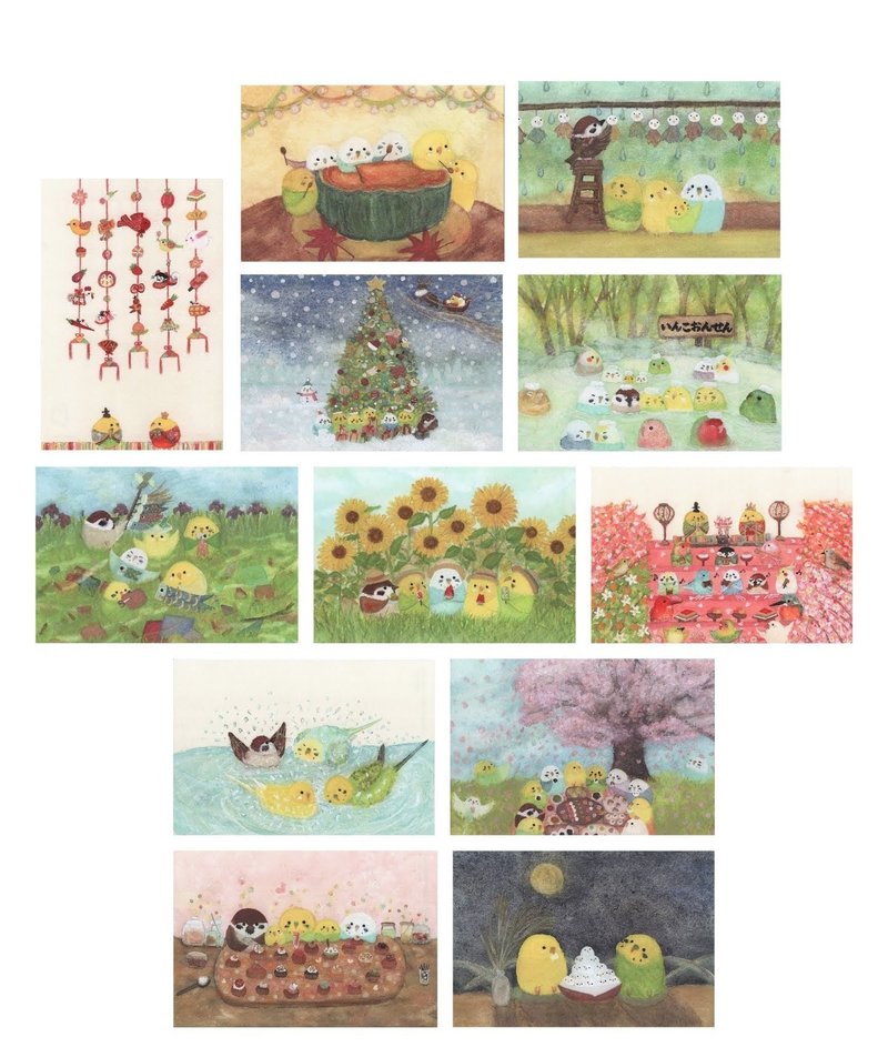 Bird postcards set B, handmade by artist - 12 pieces - การ์ด/โปสการ์ด - กระดาษ หลากหลายสี