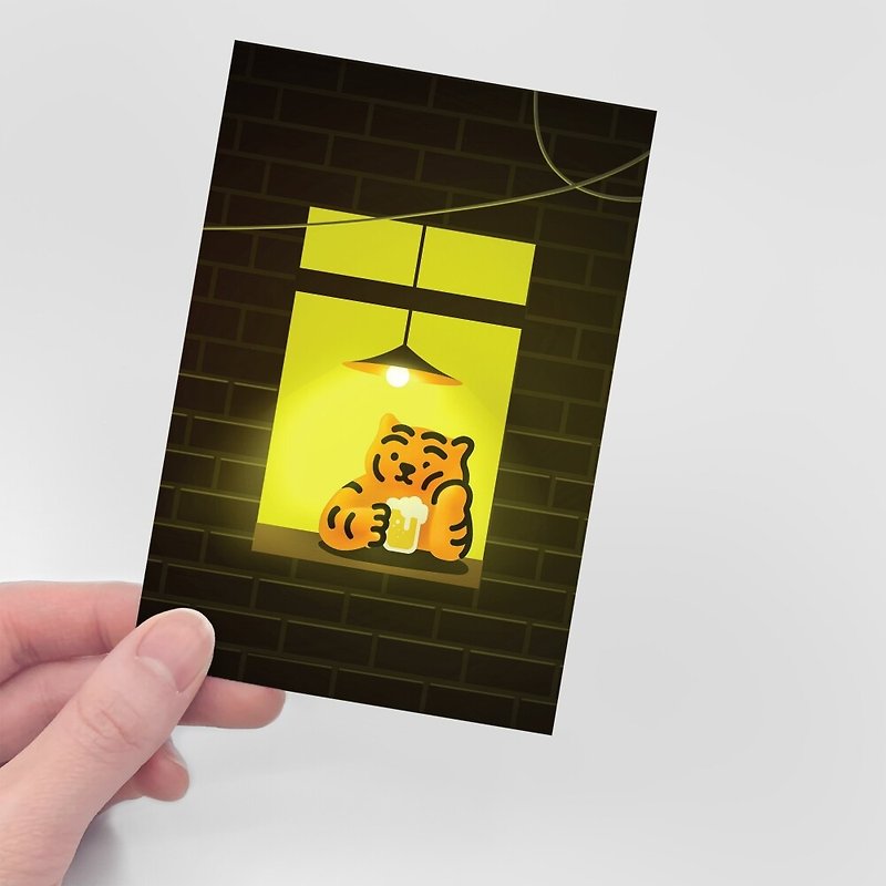Lying fat tiger illustration postcard drinking beer alone - การ์ด/โปสการ์ด - กระดาษ 