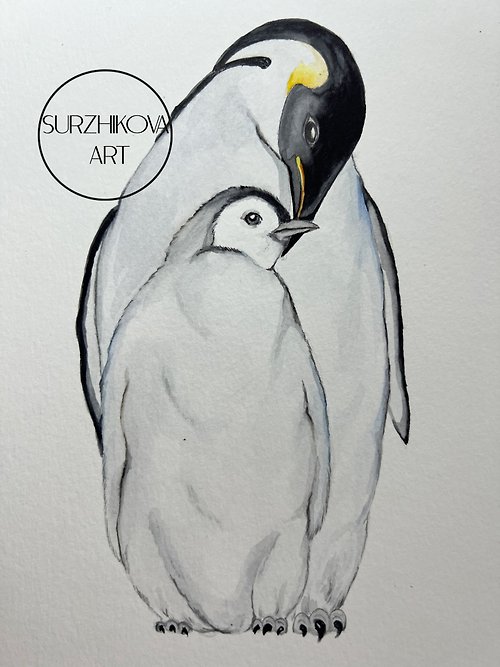 Surzhikova ART 可爱的帝企鹅家族 原创水彩画6x8英寸