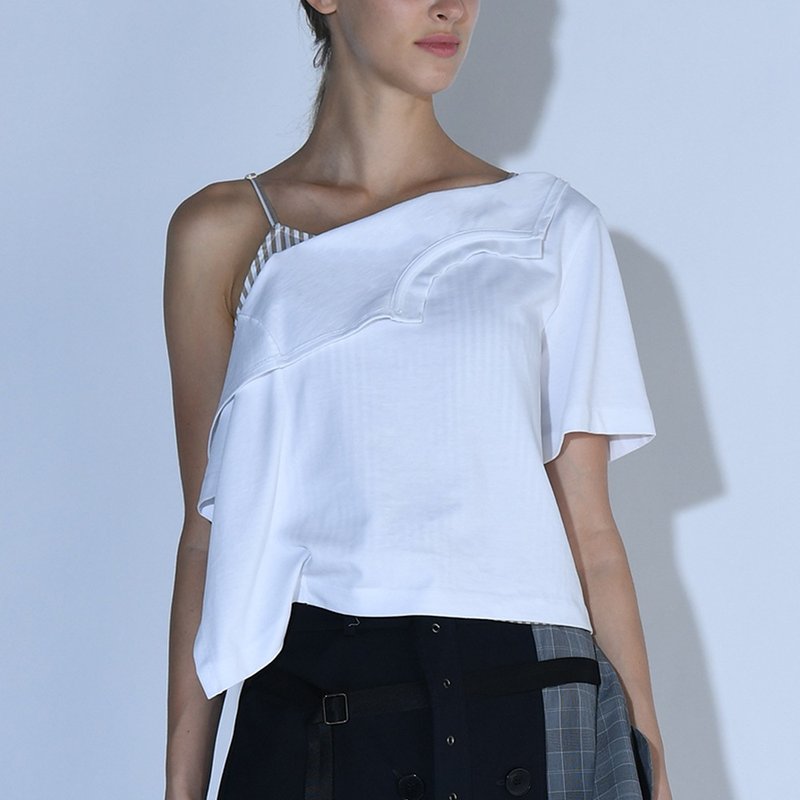 Designer brand FromClothingOf - Asymmetrical patchwork T-shirt with slanted shoulder straps - Women's T-Shirts - Cotton & Hemp White