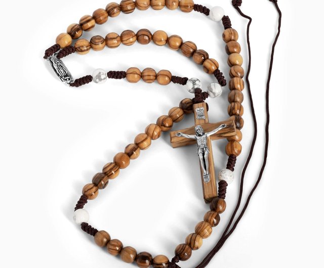 カトリック木製ロザリオ ビーズ オリーブウッドホワイトターコイズ