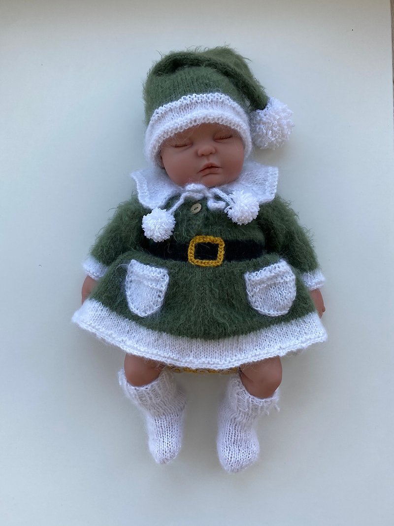Hand knit elf outfit for baby girl: dress, panties, hat, socks. - 嬰兒連身衣/包被/包巾 - 其他材質 