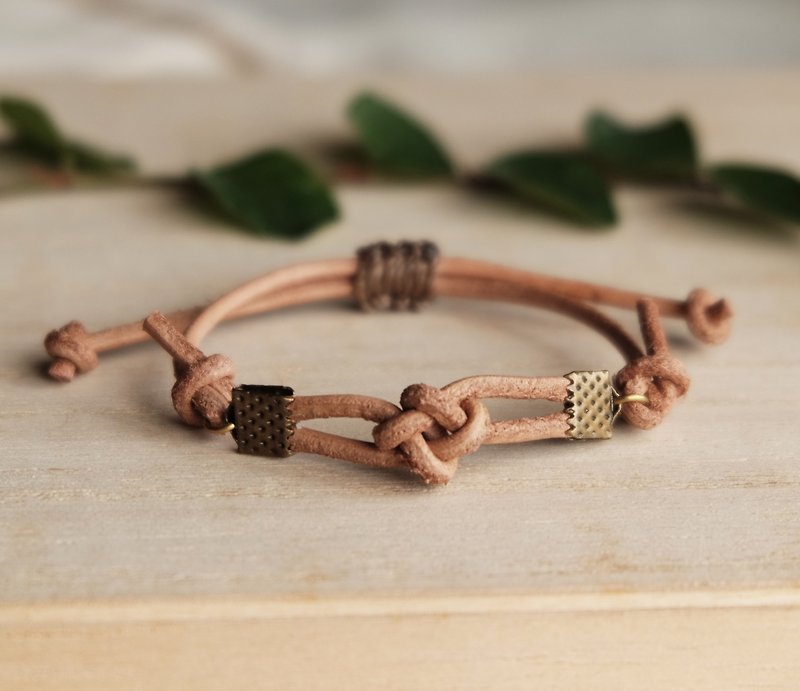 Flower knot genuine leather in natural tan bracelet unisex adjustable bracelet - Bracelets - Genuine Leather Brown