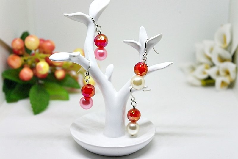 Alloy*Puff*((a set of X2 pairs))_hook earrings - Earrings & Clip-ons - Plastic Red