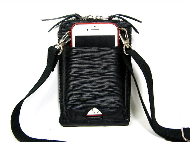 スマホ　ポシェット型ケース　コイン　カード　札入れ付き　ウェーブ - 手機殼/手機套 - 真皮 黑色
