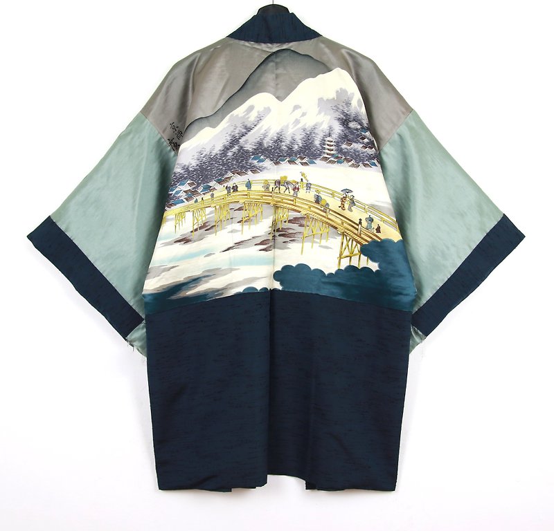 Back to Green Japan Bring Back Male Quilted Hand-Painted Bridge Landscape Vintage kimono - Men's Coats & Jackets - Cotton & Hemp 