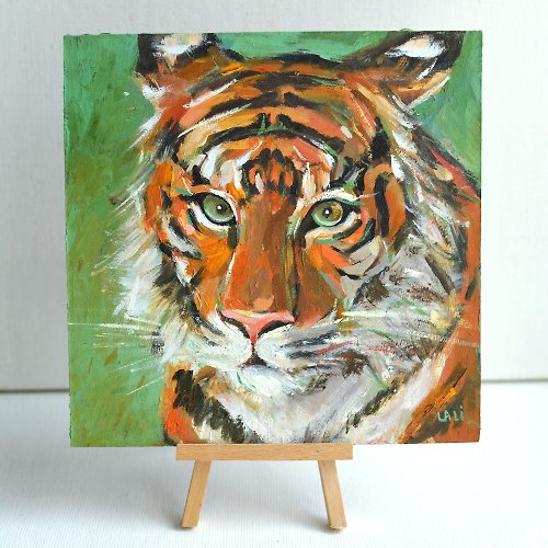 タイガー絵画オリジナル油絵 20x20cm 動物アートペット絵画ポート 