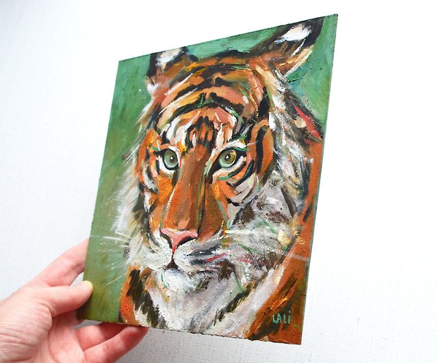 タイガー絵画オリジナル油絵 20x20cm 動物アートペット絵画ポート 
