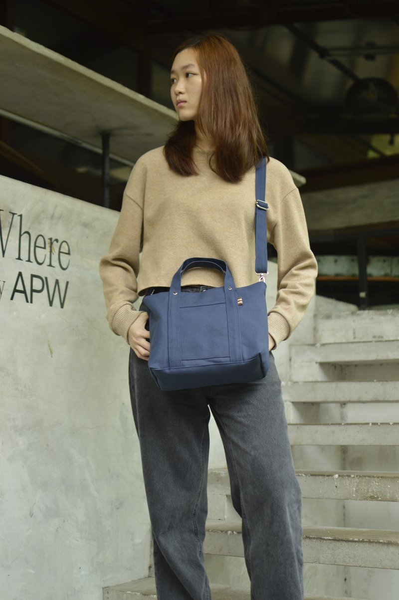 Navy Blue Small Travel Handbag, Waxed Canvas Crossbody Bag - Tokyo Tote 204 - Messenger Bags & Sling Bags - Waterproof Material Blue