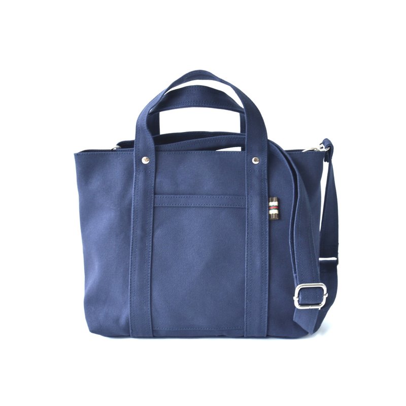 ネイビーブルー スモール トラベル ハンドバッグ、ワックスドキャンバス クロスボディバッグ - Tokyo Tote 204 - ショルダーバッグ - 防水素材 ブルー